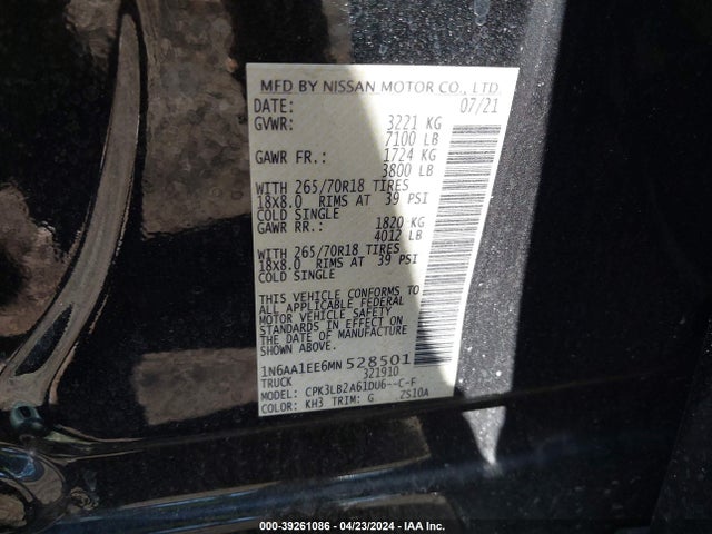 Nissan Titan Sv 4x2 2021 1N6AA1EE6MN528501 Image 9