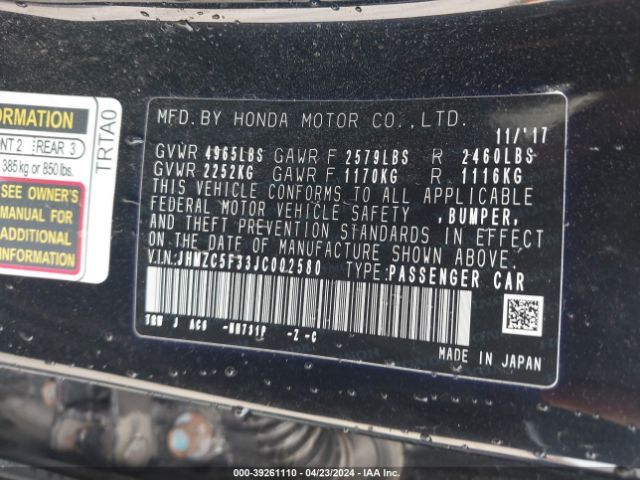 JHMZC5F33JC002580 Honda Clarity Plug-in Hybrid Touring