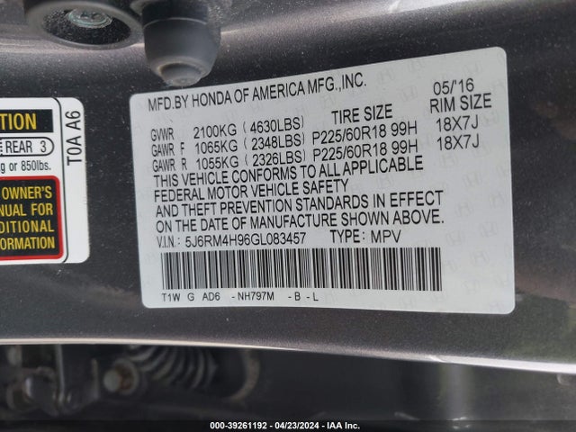 Honda Cr-v Touring 2016 5J6RM4H96GL083457 Image 9