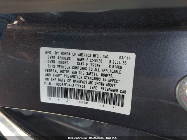 Honda ACCORD LX 2017 1HGCR2F34HA179408 Image 9