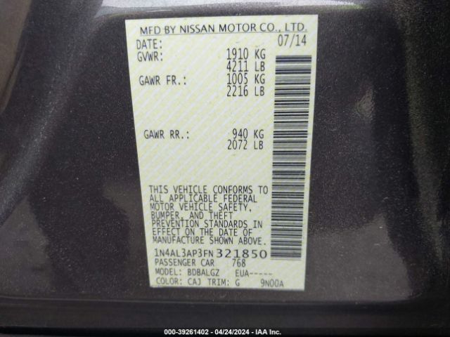 1N4AL3AP3FN321850 Nissan Altima 2.5/2.5 S/2.5 Sl/2.5 Sv
