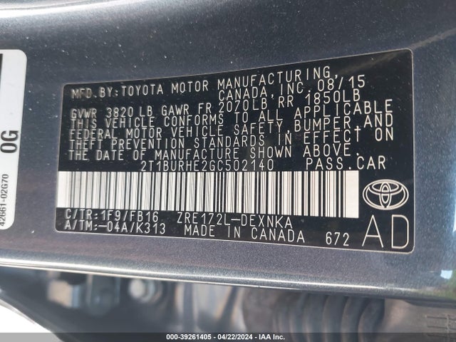 Toyota Corolla Le Plus 2016 2T1BURHE2GC502140 Image 9