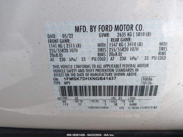 Ford EXPLORER XLT 2022 1FMSK7DHXNGB41437 Image 9