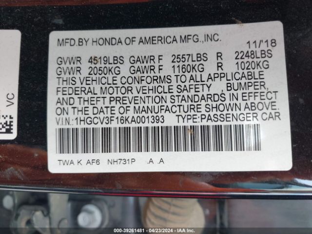 1HGCV3F16KA001393 Honda ACCORD HYBRID