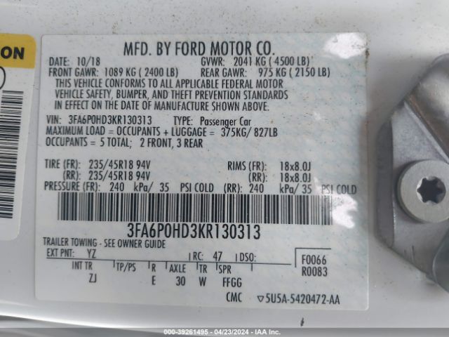 3FA6P0HD3KR130313 Ford FUSION SE