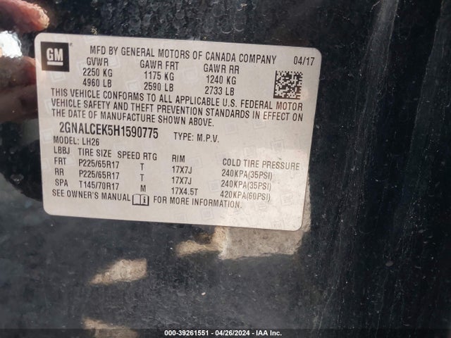 Chevrolet EQUINOX LT 2017 2GNALCEK5H1590775 Image 9
