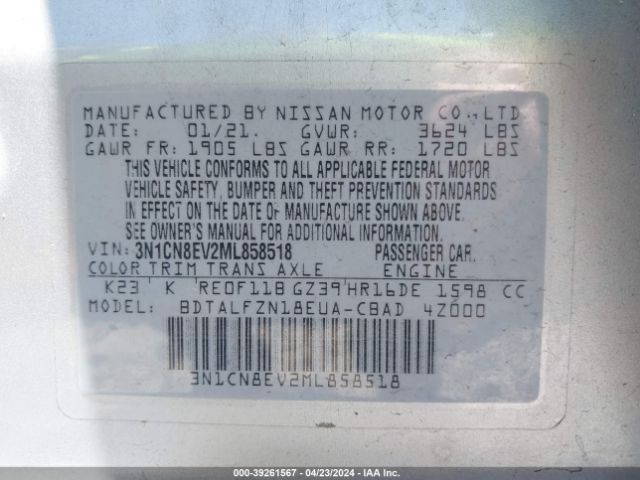 3N1CN8EV2ML858518 Nissan Versa Sv Xtronic Cvt