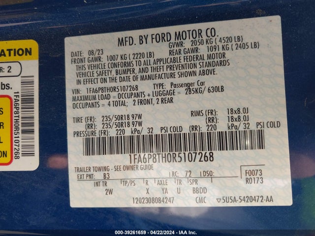 Ford Mustang Ecoboost Fastback 2024 1FA6P8TH0R5107268 Image 9