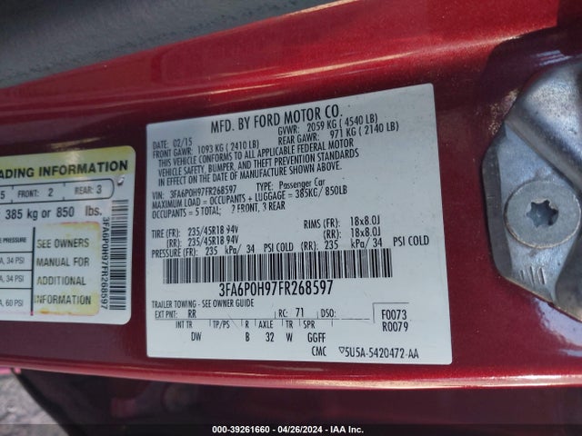 Ford FUSION SE 2015 3FA6P0H97FR268597 Image 9