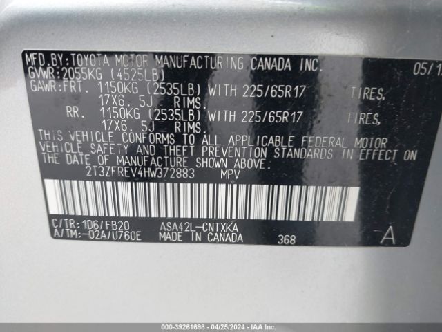 2T3ZFREV4HW372883 Toyota RAV4 LE