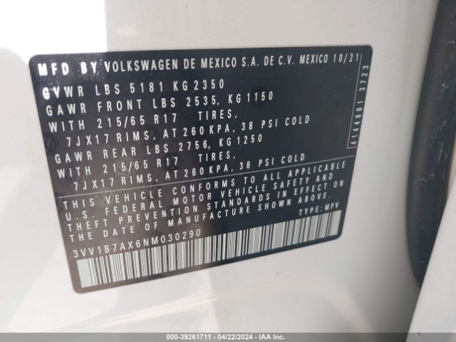 3VV1B7AX6NM030290 Volkswagen Tiguan 2.0t S