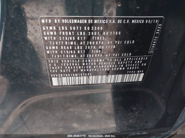 3VV2B7AX1KM157562 Volkswagen Tiguan 2.0t Se/2.0t Sel/2.0t Sel R-line/2.0t Sel R-line Black