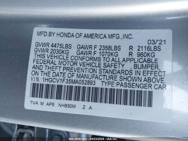 1HGCV1F35MA052893 Honda Accord Sport