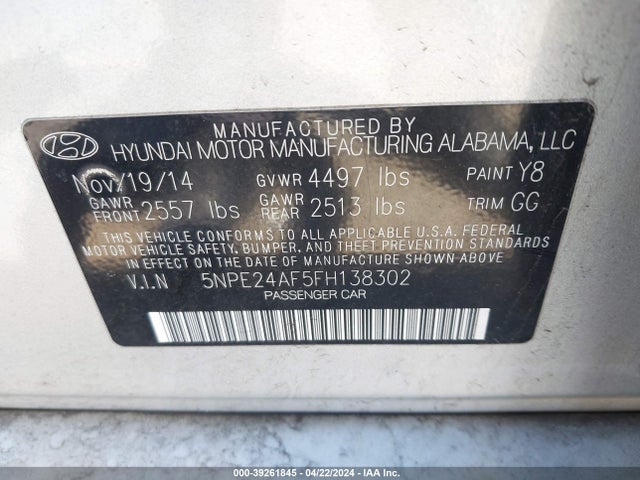 Hyundai SONATA SE 2015 5NPE24AF5FH138302 Image 9