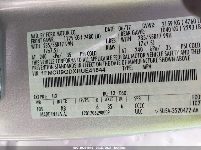 Ford ESCAPE SE 2017 1FMCU9GDXHUE41844 Image 9