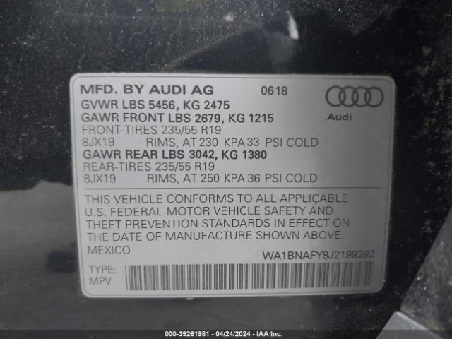 WA1BNAFY8J2199392 Audi Q5 2.0t Premium/2.0t Tech Premium
