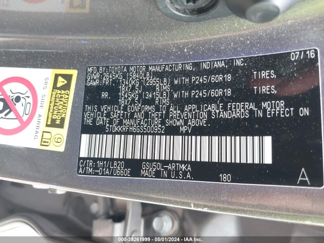 Toyota Highlander Xle V6 2016 5TDKKRFH6GS500952 Image 9
