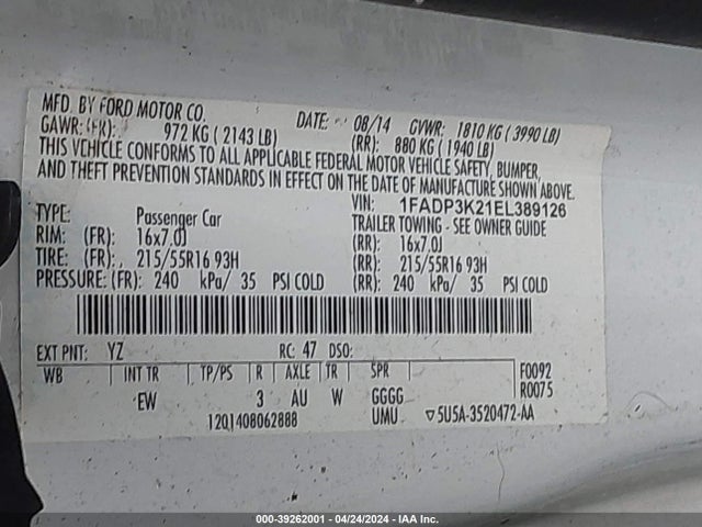 Ford FOCUS SE 2014 1FADP3K21EL389126 Image 9