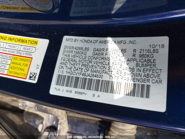 Honda ACCORD EX 2018 1HGCV1F48JA264630 Image 9