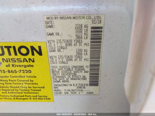 5N1AZ2MG7JN127020 Nissan Murano Platinum
