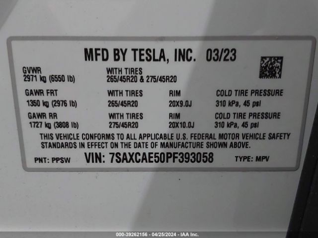 7SAXCAE50PF393058 Tesla Model X Dual Motor All-wheel Drive/standard Range