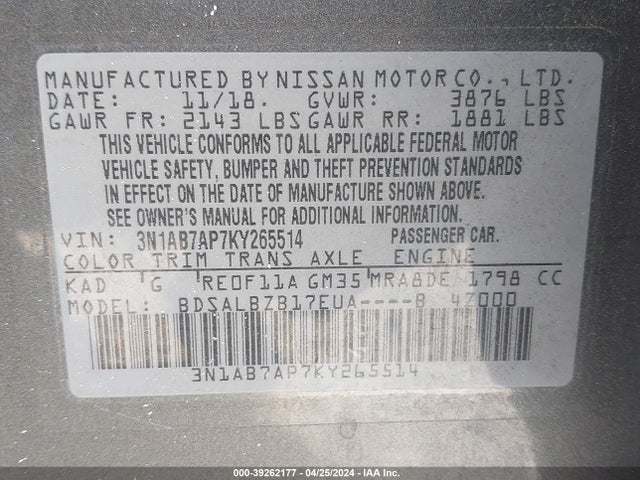 Nissan SENTRA S 2019 3N1AB7AP7KY265514 Image 9