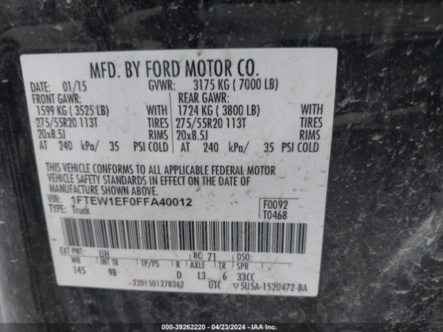 1FTEW1EF0FFA40012 Ford F-150 Platinum