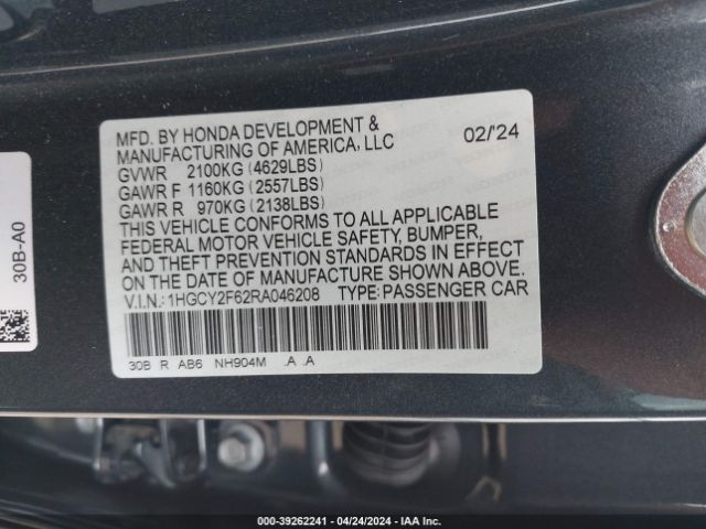 1HGCY2F62RA046208 Honda Accord Hybrid Ex-l