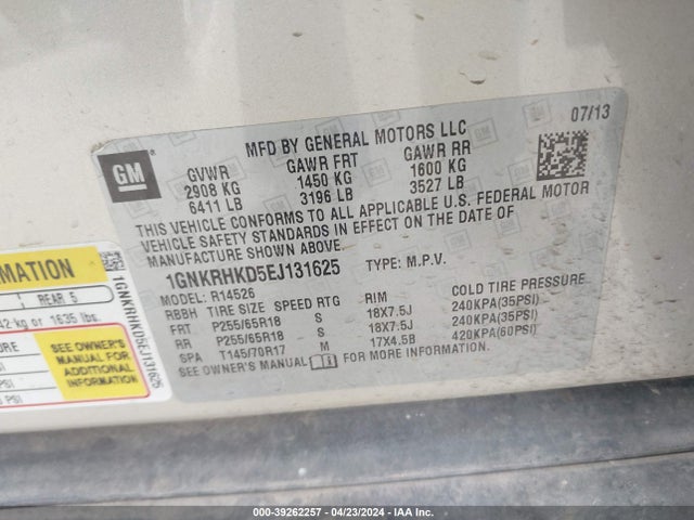 Chevrolet Traverse 2lt 2014 1GNKRHKD5EJ131625 Image 9