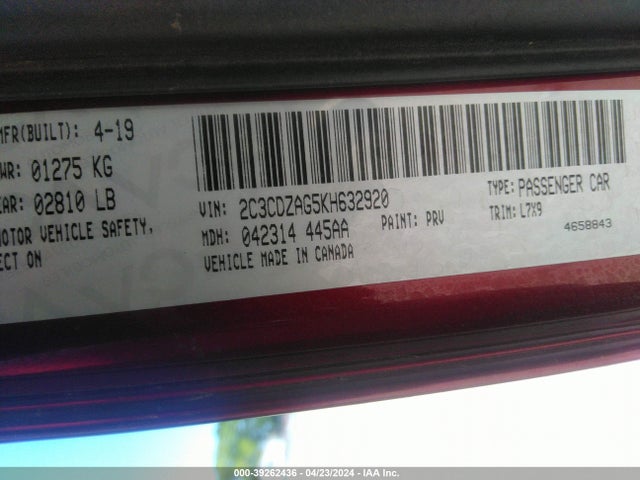 Dodge Challenger Sxt 2019 2C3CDZAG5KH632920 Image 9
