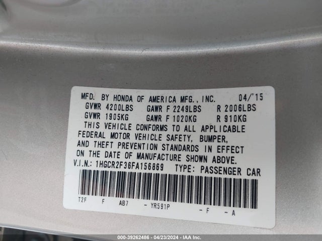 Honda ACCORD LX 2015 1HGCR2F36FA156869 Image 9