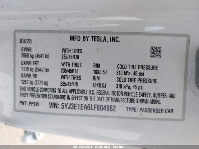 Tesla MODEL 3 2020 5YJ3E1EA6LF804962 Image 9