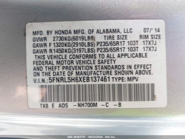 5FNRL5H6XEB137461 Honda Odyssey Ex-l