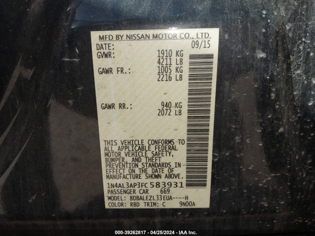 Nissan Altima 2.5 S 2015 1N4AL3AP3FC583931 Image 9