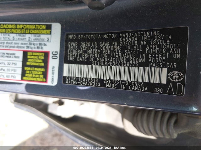 Toyota COROLLA LE 2014 2T1BURHE3EC138775 Image 9