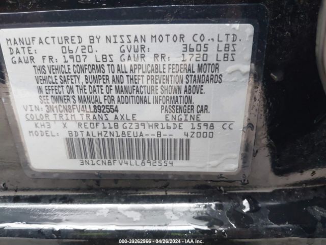 3N1CN8FV4LL892554 Nissan Versa Sr Xtronic Cvt