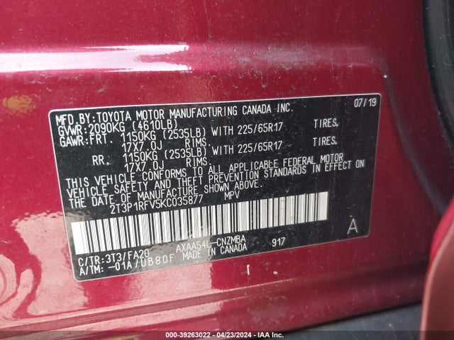 Toyota Rav4 Xle 2019 2T3P1RFV5KC035877 Image 9