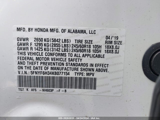 Honda Pilot Ex 2019 5FNYF6H34KB077154 Image 9