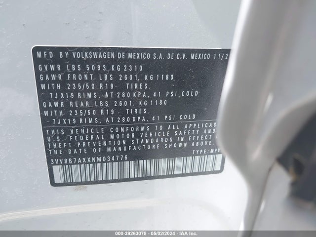 3VV8B7AXXNM034776 Volkswagen Tiguan 2.0t Se R-line Black