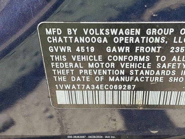 1VWAT7A34EC069287 Volkswagen Passat 1.8t Wolfsburg Edition