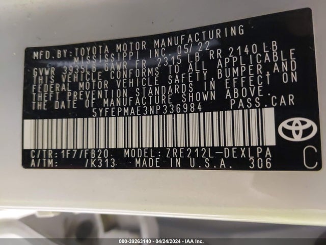 Toyota COROLLA LE 2022 5YFEPMAE3NP336984 Image 9