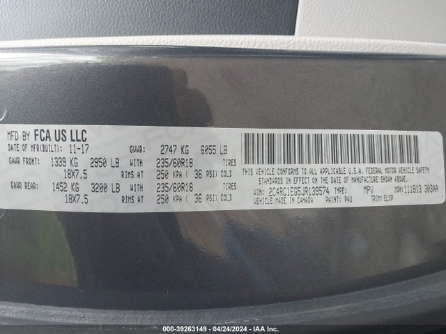 2C4RC1EG5JR139574 Chrysler Pacifica Touring L Plus