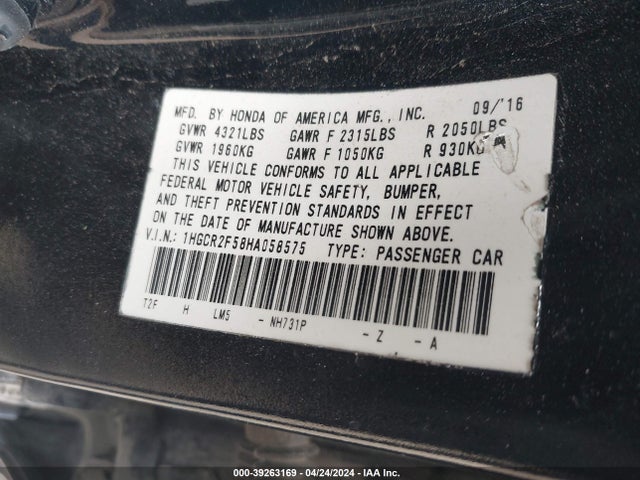 Honda Accord Sport 2017 1HGCR2F58HA058575 Image 9