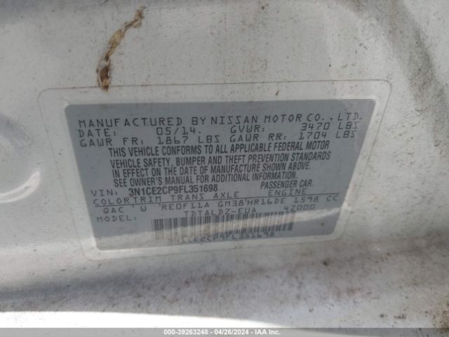 3N1CE2CP9FL351698 Nissan Versa Note S (sr)/s Plus/sl/sr/sv