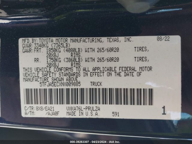 5TFJA5ECXNX009885 Toyota Tundra Limited