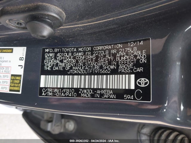 Toyota Prius Two 2015 JTDKN3DU1F1915662 Image 9