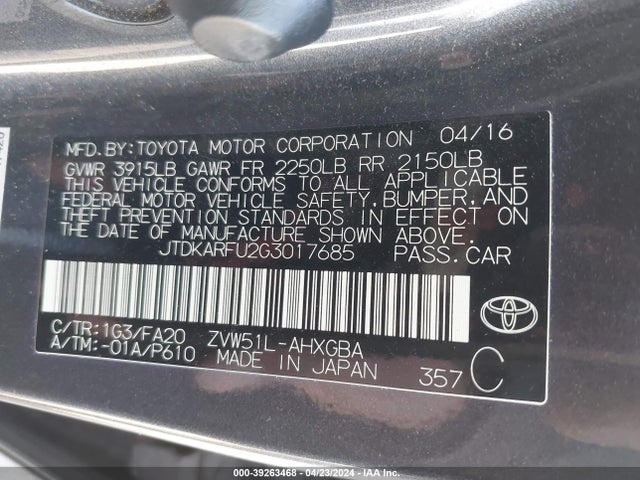 Toyota Prius Three 2016 JTDKARFU2G3017685 Image 9