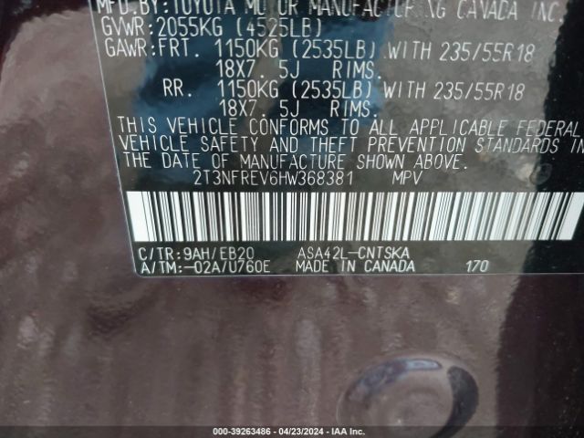 2T3NFREV6HW368381 Toyota RAV4 SE