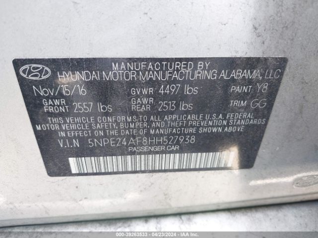 5NPE24AF8HH527938 Hyundai Sonata