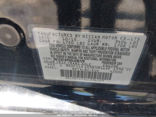 3N1CN7AP5GL836129 Nissan Versa 1.6 Sv